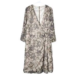 Pendleton Wrap Midi‎ Dress Size 16 Beige Floral Long Sleeve Surplice Neck